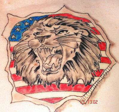 Морда льва на фоне американского флага