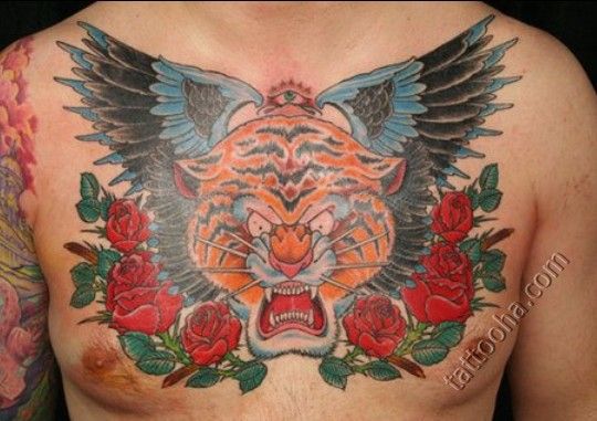 Тигр, крылья, розы