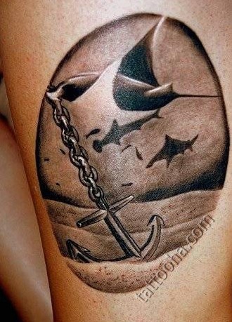 Якорь со скатом и акулами